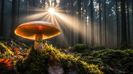 A stunning mushroom stands illuminated by soft sunlight in a misty forest, showcasing the beauty of nature and creating a serene, enchanting atmosphere.の素材