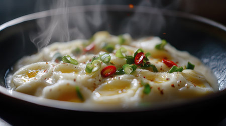 A steaming hot dish featuring eggs garnished with green onion and chili. This vibrant plate captures the essence of delicious comfort food. Perfect for meal inspiration!の素材