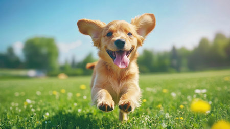 A joyful golden retriever puppy runs energetically across a lush green field under bright sunshine, embodying the spirit of playfulness and happiness.の素材