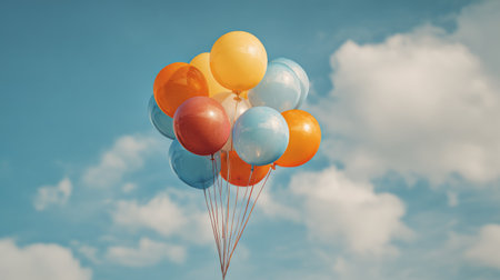 A vibrant arrangement of colorful balloons floats in a bright sky adorned with fluffy clouds, creating a joyful atmosphere ideal for celebrations and events.の素材