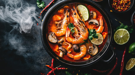 A flavorful shrimp soup with spicy broth, fresh herbs, and mushrooms, garnished with lime. Ideal for food lovers seeking vibrant culinary experiences.の素材