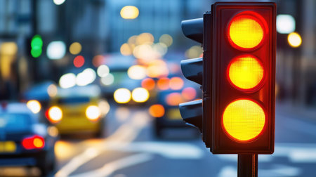 A vibrant yellow traffic light against a blurred urban backdrop. The image captures the essence of city life and the importance of traffic safety.の素材