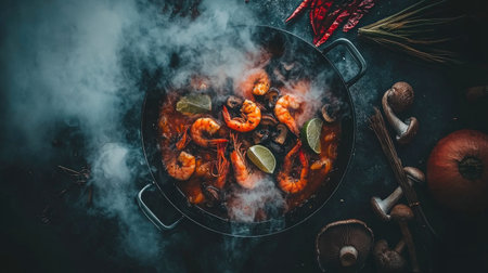 A vibrant bowl of fresh shrimp dish, surrounded by spices and herbs. Steam rises from this colorful seafood preparation, evoking a gourmet culinary experience.の素材