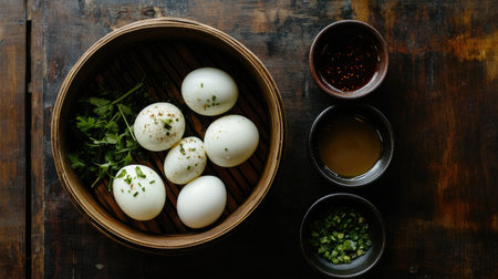 A rustic wooden steamer filled with fresh eggs, garnished with herbs and accompanied by various sauces, perfect for culinary presentations and cooking.の素材