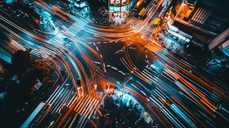Aerial view of a bustling urban intersection at night, showcasing vibrant light trails from moving cars and lively pedestrian activity. The scene captures the essence of city life.の素材