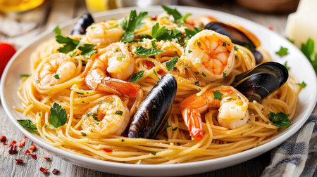 A mouthwatering seafood pasta dish showcasing succulent shrimp and mussels, beautifully garnished with fresh herbs. Perfect for seafood lovers.の素材