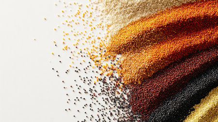 A vibrant array of spices and seeds displayed on a white surface, showcasing various colors and textures. Perfect for culinary themes and healthy cooking.の素材