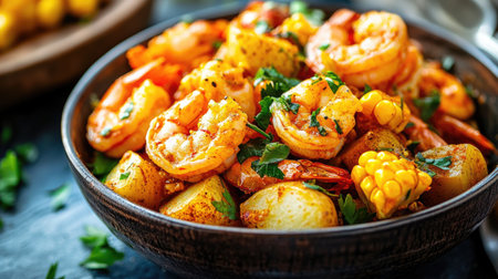 A vibrant dish of shrimp, corn, and potatoes, seasoned with fresh herbs and spices, perfect for a delightful meal. Ideal for culinary enthusiasts.の素材