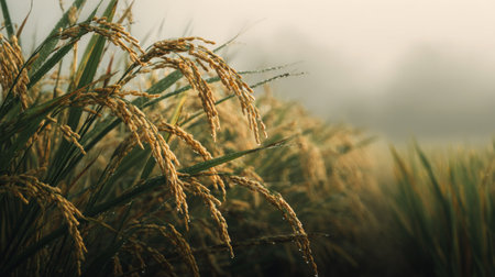 A serene morning scene featuring golden rice grains hanging from lush green stalks in a foggy landscape, embodying the beauty and abundance of nature's harvest.の素材