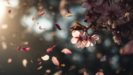 Captivating image of a cherry blossom branch showcasing beautiful flowers and delicate petals floating in soft light, evoking a sense of spring's enchanting beauty and tranquility.の素材