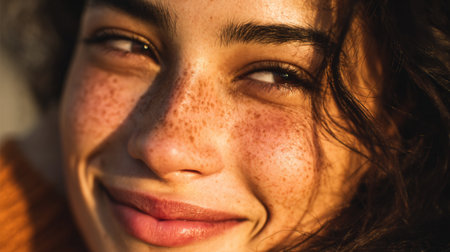 This close-up portrait captures the joyful essence of a young woman with freckles, showcasing her genuine smile and radiant warmth in natural light.の素材