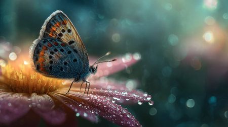 A stunning butterfly perches gracefully on a flower's dewy petals, illuminated by soft sunlight. The background features a mesmerizing bokeh effect, enhancing the serene atmosphere.の素材