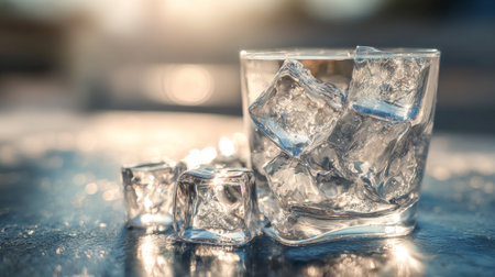 A captivating close-up image of a glass filled with ice cubes, set against a warm sunset background. The scene evokes a refreshing vibe perfect for summer moments.の素材