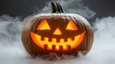 A cheerful Jack-O'-Lantern glowing brightly amid fog, perfect for Halloween themes. This festive pumpkin embodies autumn spirit and fun celebrations.の素材