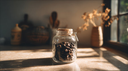 A clear glass jar filled with rich coffee beans rests on a sunlit kitchen counter, casting gentle shadows that enhance the warm, rustic atmosphere of the space.の素材