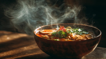 This image showcases a beautifully styled bowl of ramen noodles, rich in steam and flavor, capturing the essence of comfort food in a cozy setting.の素材