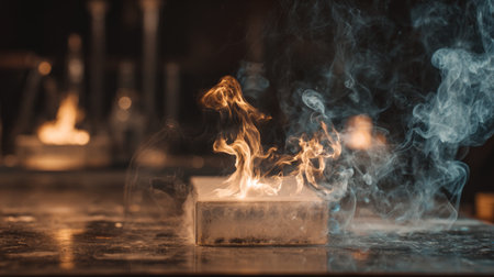 A captivating image featuring bright flames and swirling smoke rising from a metal block, set against a laboratory backdrop filled with scientific equipment.の素材