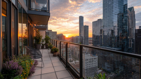 Experience the tranquility of a beautiful sunset from this modern balcony overlooking a vibrant city skyline, showcasing stunning architecture and calm nature.の素材