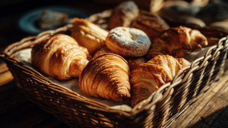 A beautiful display of freshly baked pastries in a woven basket, showcasing golden croissants and sweet treats, ideal for a brunch or cafの素材
