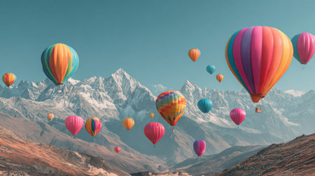 A stunning scene featuring colorful hot air balloons drifting gracefully over snow-capped mountains beneath a clear blue sky, perfect for travel enthusiasts and nature lovers.の素材