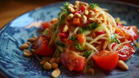 Delight in the vibrant colors and fresh flavors of this Thai green papaya salad, featuring cherry tomatoes and crunchy peanuts, beautifully presented on a decorative plate.の素材