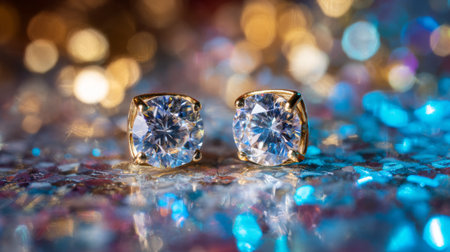 A stunning pair of diamond earrings gleams against a vibrant, glittery backdrop. The intricate details and brilliant shine make this image perfect for showcasing elegance in jewelry.の素材