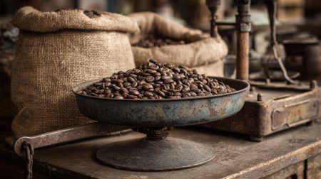 Explore the beauty of vintage coffee beans displayed on an old weighing scale, set against burlap sacks in a rustic environment, showcasing traditional coffee craftsmanship.の素材