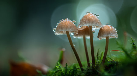 Four delicate mushrooms with glistening water droplets resting on their caps create a serene scene in a lush forest, highlighting the beauty of nature's details.の素材
