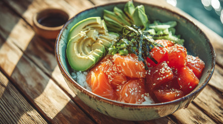 A visually appealing sushi bowl featuring succulent salmon, creamy avocado, and fresh vegetables, all artfully arranged on rice, perfect for healthy dining.の素材