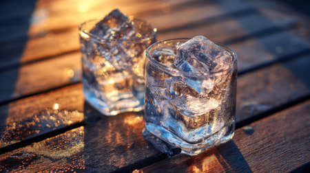 Two clear glasses filled with ice cubes sit on a wooden table, capturing the warm light of sunset. This refreshing drink scene evokes relaxation and enjoyment.の素材
