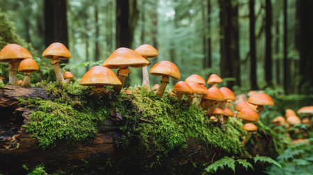 A stunning view of bright mushrooms thriving on a moss-covered log in a lush forest, capturing the beauty and diversity of nature in a serene setting.の素材