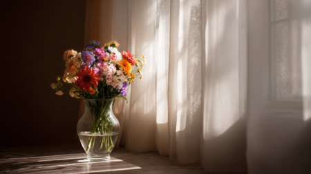 A beautiful arrangement of vibrant flowers in a glass vase sits on a sunlit windowsill, casting gentle shadows, creating a serene and lively home atmosphere.の素材