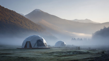Breathtaking view of geodesic domes nestled in a misty valley at dawn, surrounded by majestic mountains, capturing tranquility and the beauty of nature.の素材