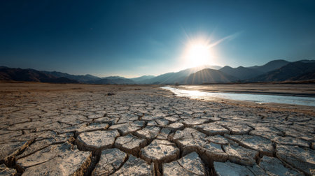 A striking image capturing a dry and cracked landscape under the bright sun with mountains in the distance, showcasing the effects of drought and environmental change.の素材