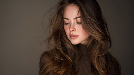 This stunning portrait captures the serene beauty of a young woman with flowing hair, showcasing soft lighting and a minimalistic background for an elegant aesthetic.の素材