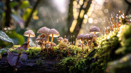 A captivating forest image featuring small mushrooms thriving on a moss-covered log, adorned with raindrops under filtered sunlight. A serene natural setting.の素材