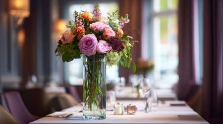 A stunning floral centerpiece featuring pink and purple roses in a sleek glass vase, enriching the elegant dining setting and creating a warm, inviting atmosphere.の素材