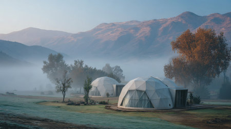 Stunning view of modern geodesic domes in a serene landscape, surrounded by misty mountains and autumn trees, capturing a perfect nature escape at dawn.の素材