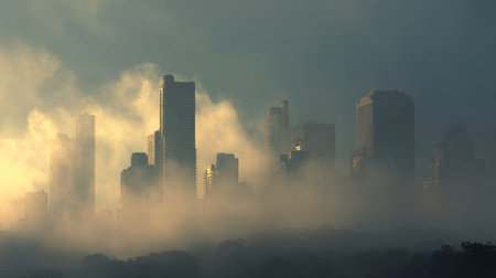 A dramatic city skyline emerges from thick fog at sunrise, revealing tall buildings against a soft light backdrop, creating an eerie yet tranquil atmosphere.の素材