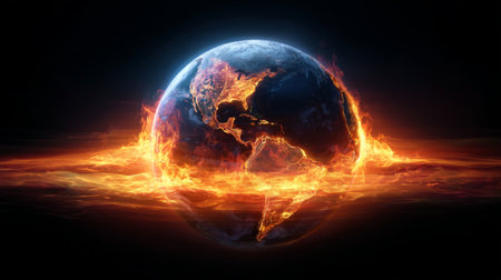 A mesmerizing visual showing the Earth engulfed in flames and energy, representing the urgent challenges of climate change and environmental crisis facing the planet.の素材