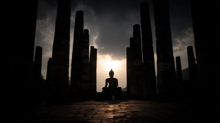 A serene silhouette of a Buddha statue stands amidst ancient columns, set against a dramatic sky, evoking peace and reflection in this tranquil outdoor scene.の素材