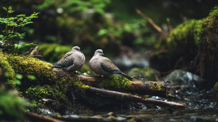 Two doves are perched side by side on a mossy log near a gentle stream, surrounded by lush greenery, embodying tranquility and the beauty of natural wildlife.の素材