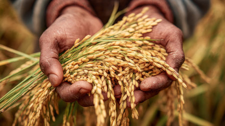 Hands gently cradle a bunch of ripe rice grains, showcasing the intricate details of each spike. This image captures the essence of farming, sustainability, and nature's bounty.の素材