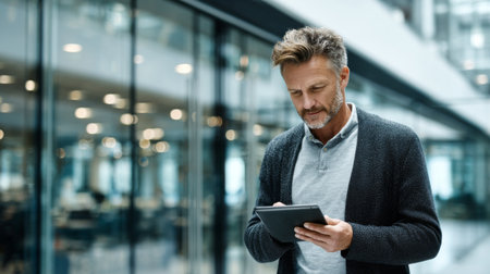 A focused businessman engages with his tablet in a contemporary office setting. The blurred background emphasizes technology and professional environment aspects.の素材