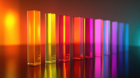 A vibrant display of transparent columns showcasing various colors illuminated by soft light. Ideal for design, art, and creative projects.の素材
