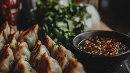 A vibrant display of freshly made dumplings served with a flavorful dipping sauce. Perfect for cooking enthusiasts and food lovers, this image captures the essence of homemade Asian cuisine.の素材