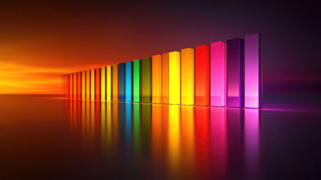 A stunning visual of colorful gradient panels reflecting at sunset, creating a vibrant and serene atmosphere. Ideal for modern design and art themes.の素材