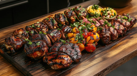 A beautifully arranged grilled meat platter featuring a variety of meats accompanied by fresh vegetables and herbs, perfect for gatherings and outdoor meals.の素材