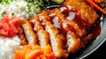 A mouthwatering close-up of crispy chicken drizzled with savory sauce, accompanied by rice and fresh vegetables on a beautifully arranged plate.の素材