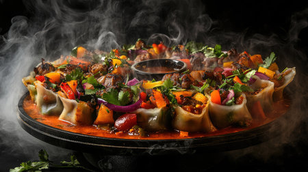 A vibrant platter featuring savory dumplings and fresh vegetables, enhanced by aromatic herbs and spices, creating a delightful dining experience.の素材